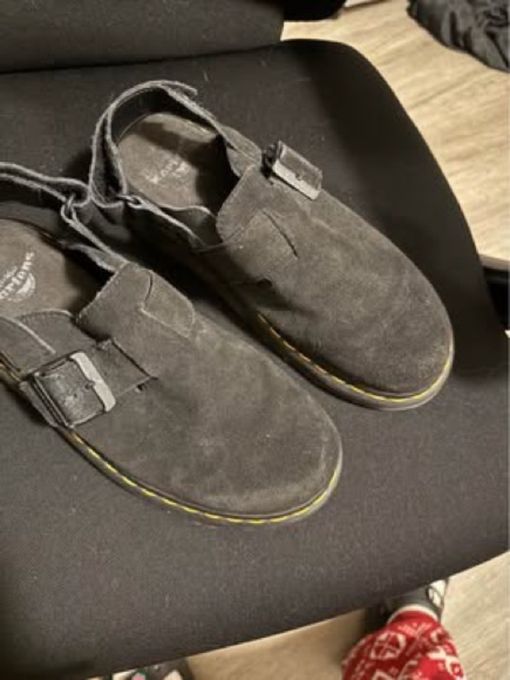Dr. Martens Jorge Black Suede Clog Mules with Buckle